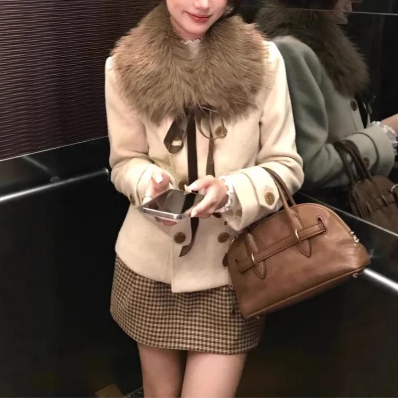 Japanese Y2K Vintage Short Skirt Set Waisted Double-Breasted Single-Sided Tilted Jacket Warm Wool Necklace Ropa Para Mujer