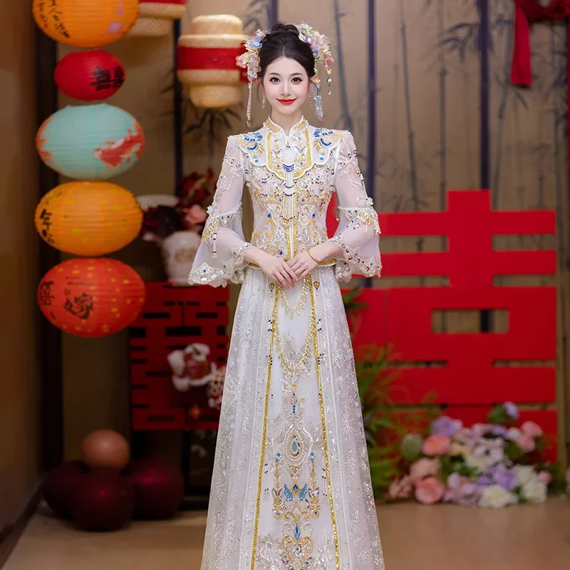 

Роскошный комплект свадебного платья Xiuhe в китайском стиле Hanfu Qipao, 2 шт., одежда Тан с блестками и кисточками, тонкое платье для банкета и вечеринки