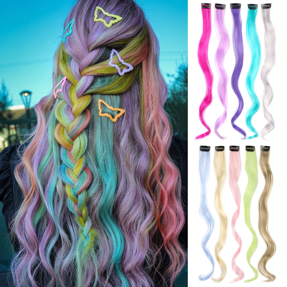 Clip in Hair Extensions Synthetic 10Pcs/Pack Colored Curly Wave Hair Extensions Party Highlights Long Curly Hairpieces for Women