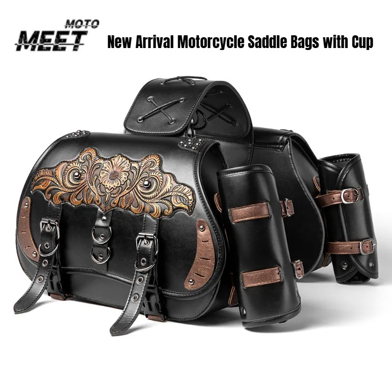 

New Arrival Motorcycle Saddle Bags with Cup Holder Retro Moto Side Bag Black Skull Moto Hanging Bag for Harley Motorcycle Bag