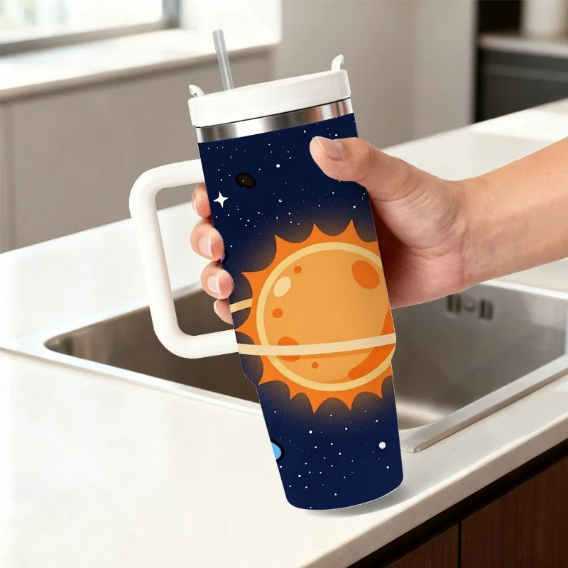 Vibrant Cartoon Solar System Print 40Oz Stainless Steel Insulated Tumbler, Whimsical Cosmic Design with Colorful Planets And Shining Stars, Stylish Drink Container for Daily Use, Office And Outdoor Activities