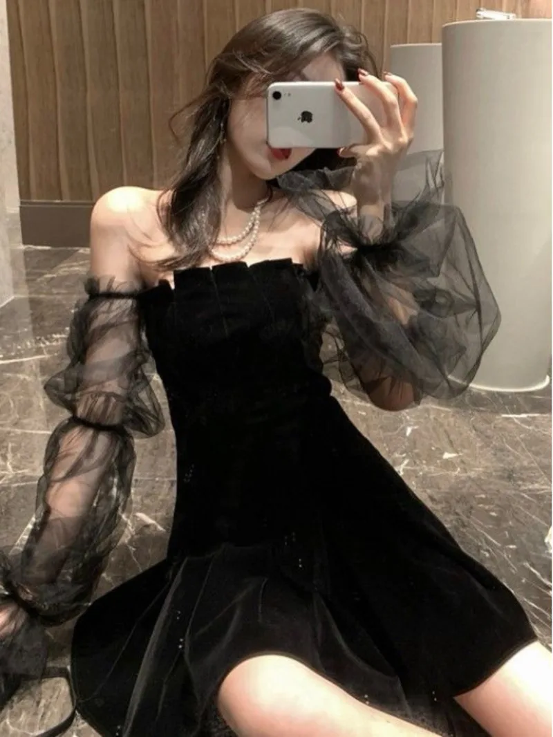 

2024 Spring/Summer New Temperament Bubble Sleeves Black Skirt Off the Shoulder Waist Wrapped Fluffy Dress Women's Fashion W8T6