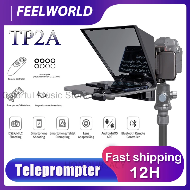 Teleprompter ขนาด 8 นิ้วแบบพกพารองรับสมาร์ทโฟน/การถ่ายภาพ DSLR ได้ถึง 8 นิ้วพร้อมวงแหวนอะแดปเตอร์เลนส์ควบคุม Bluetooth FEELWORLD TP2