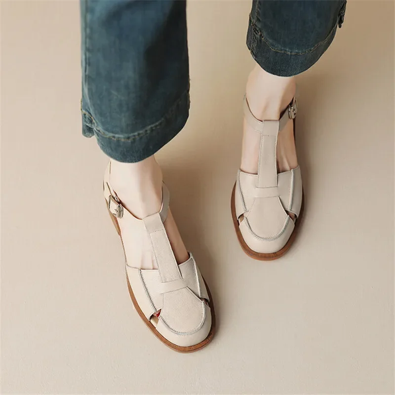 2023 Summer Sandals Cowhide Round Toe Women Sandals Chunky Heel Women Shoes Cover Toe Shoes for Women Hollow Out Mary Jane Shoes