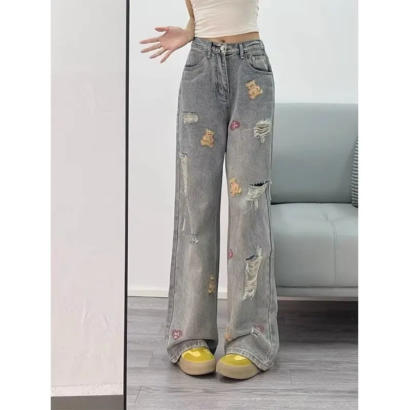 

Chic design sense ripped light blue casual jeans for women in summer thin style loose and slimming drooping