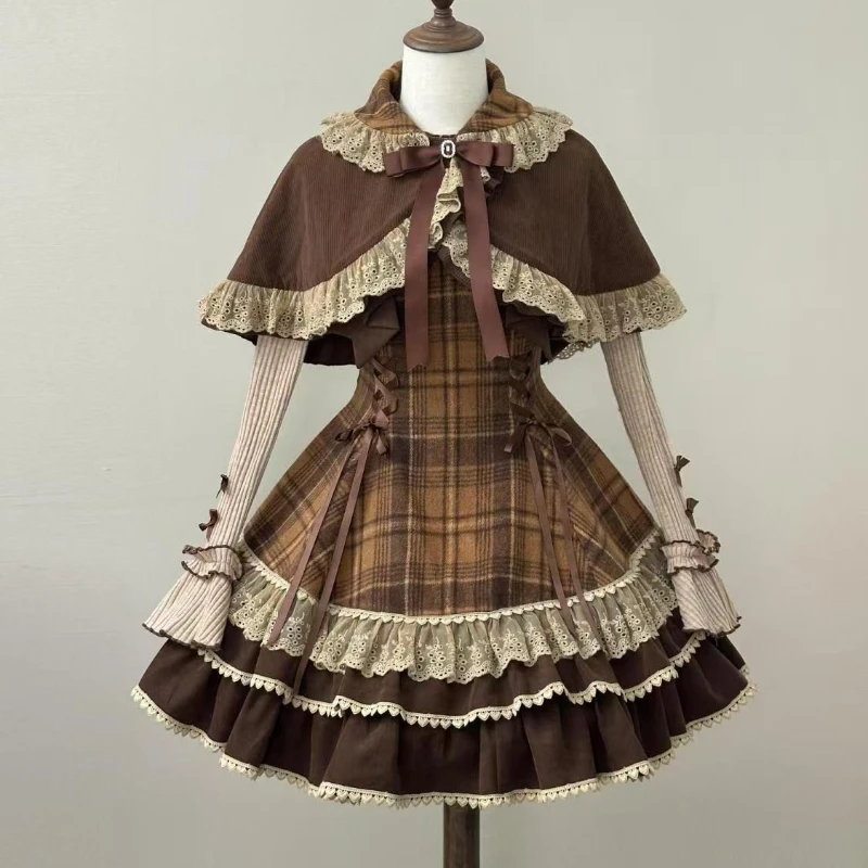 Autumn Winter Lolita Style 3 Piece Set Women Lace Bow Peter Pan Collar Cloak Coat Plaid Mini Dress Korean Fashion Y2k Sweet Suit