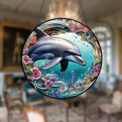 1PC Dolphins Wall Art Decor Round Hanging Sign Decorative Indoor Outdoor Window Acrylic Welcome Plate Pendant Decoration