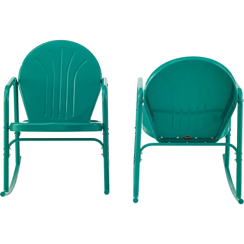 زوج من كراسي الهزاز المعدنية ذات الطراز القديم للمساحات الخارجية بلمسة نهائية لامعة باللون الفيروزي