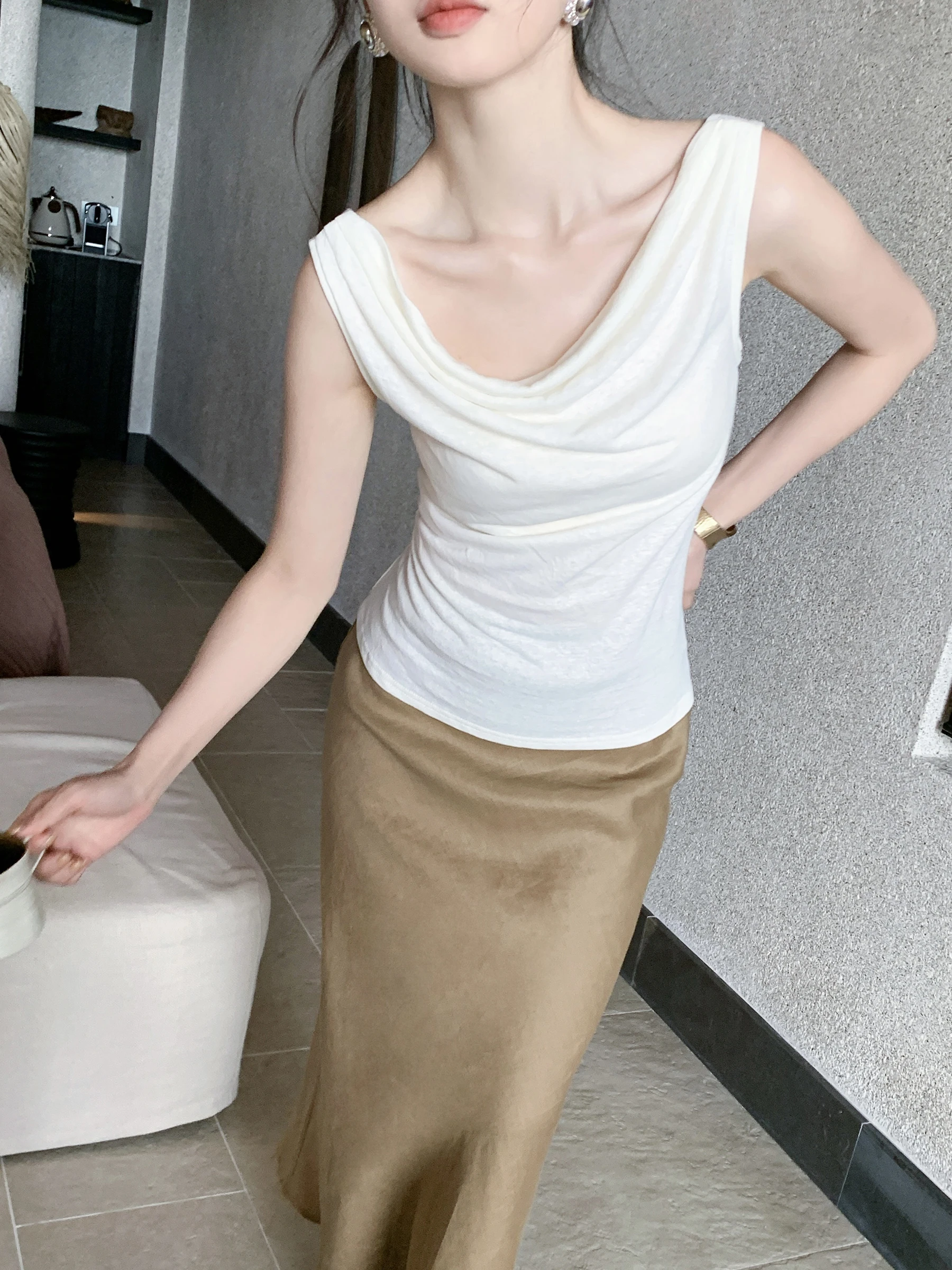 

SYT Original Women's Slim Fit Knitted Vest Top Svel Summer New Sle Breathable Wave Collar T-irt Casual Wear