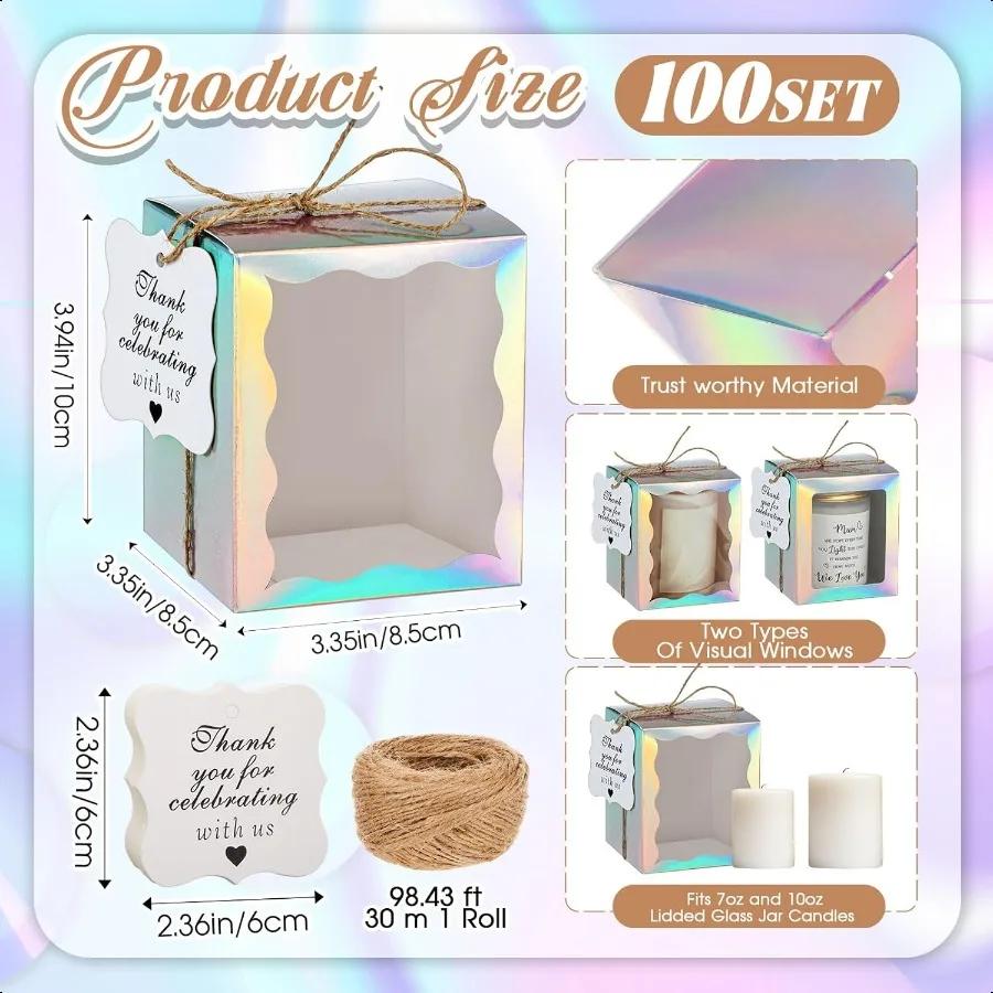 Juego de 100 velas, caja de regalo transparente, caja de embalaje de regalo para velas de 410 oz, 50 etiquetas de agradecimiento de papel, paquete de cuerda de cáñamo para boda B