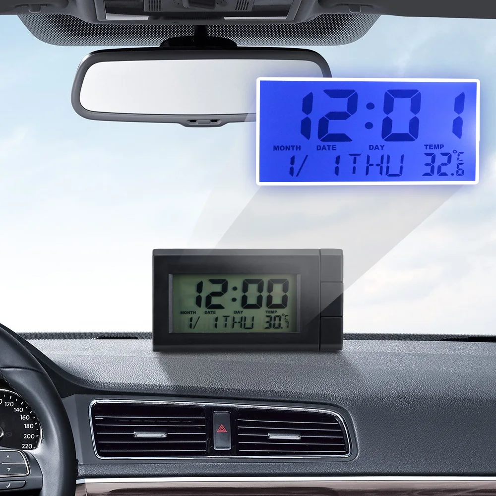 Car LCD Digital Display Clock Self-Adhesive Car Ornaments Temperature Display Electronic Clock