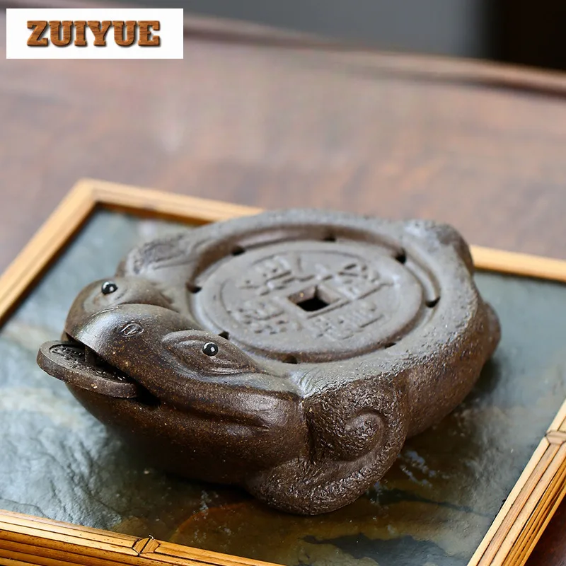 Handmade Yixing Purple Clay Golden Toad Pot Bearing Holder Antique Copper Dry Soaking Table Tea Tray Kung Fu Teaset Accessories