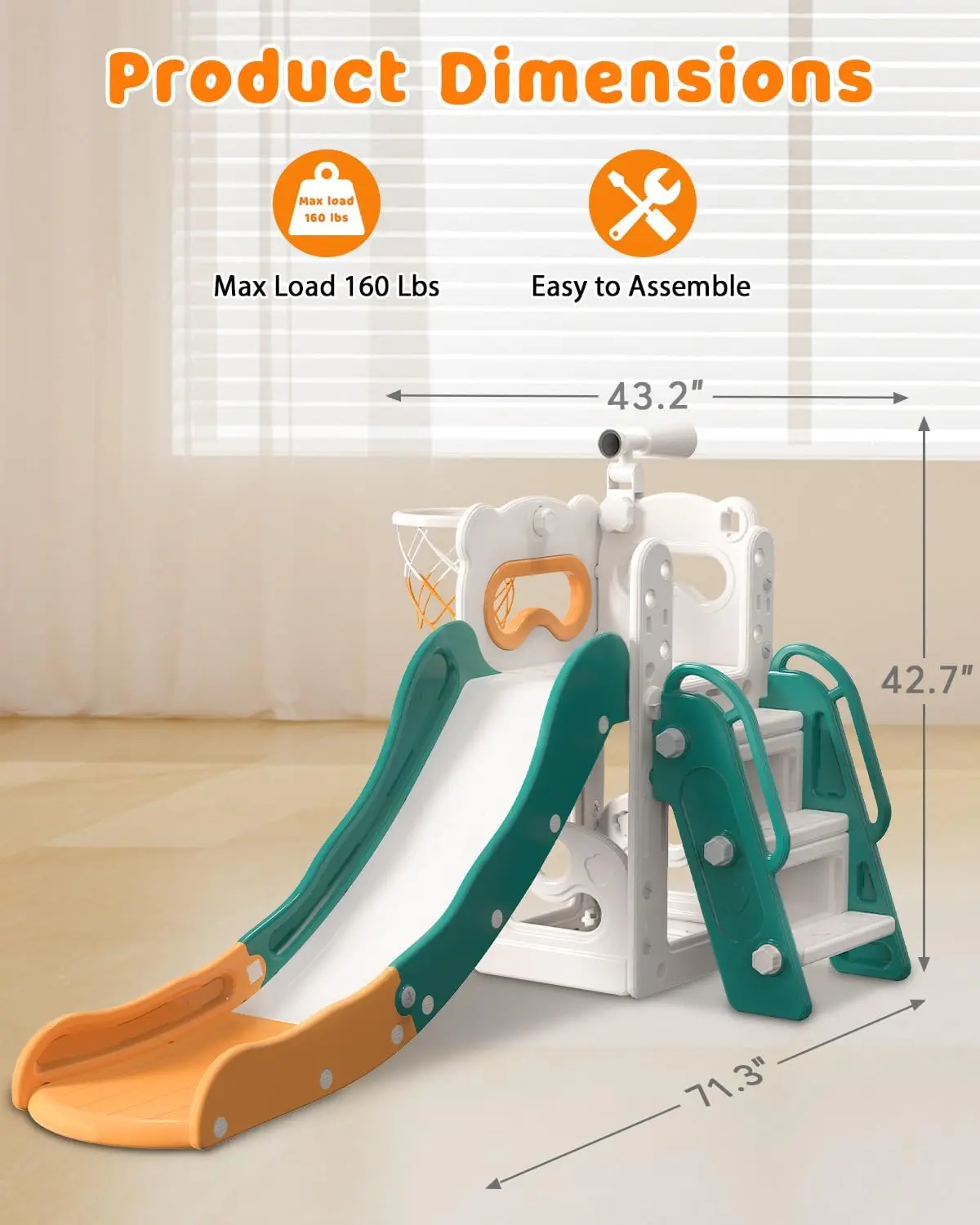 Toddler Slide, 6 in 1 Kids Indoor Slide for Toddlers 1-3, Kids Playground for Indoor Outdoor with Basketball Hoop and Telescope,