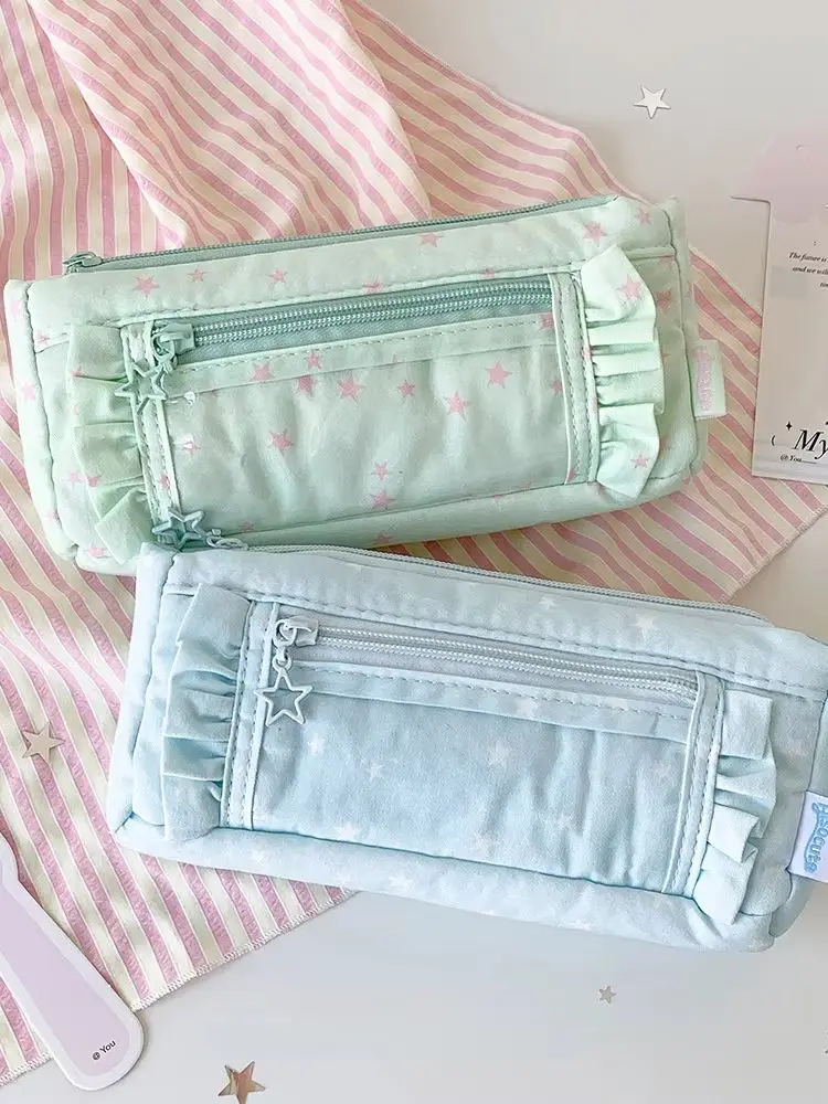 Candy Color Star Fabric Pencil Case Cute High Aesthetic Stationery Storage Pouch Girls Portable Pen Bag Back To School