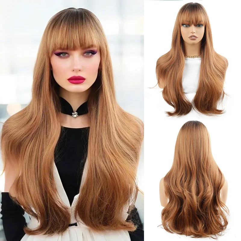 Dark brown gradient wig for women with bangs, long curly hair, big waves, synthetic fiber
