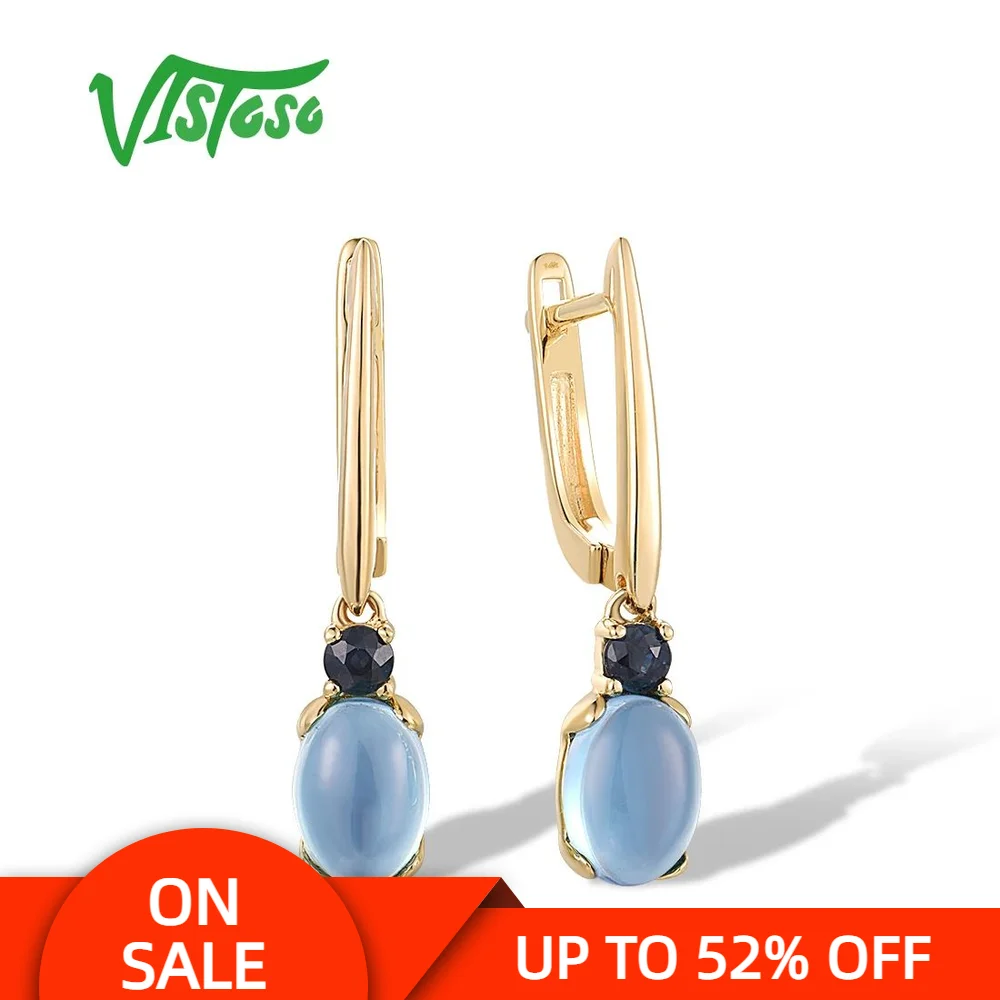 

VISTOSO Pure 14K 585 Yellow Gold Dangling Earrings For Women Blue Sapphire Topaz Trendy Party Elegant Fine Jewelry