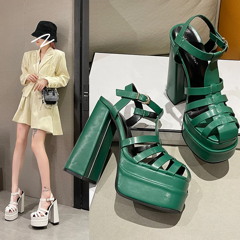 Women Heeled Sandals Platform Chunky Heels Hollow Out Buckle Strap High Heels Pumps Leather Comfort Women Shoes Summer