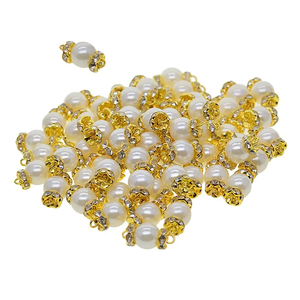 50Pcs Crystal Jewelry Connector Faux Pearl with Double Bail Connector Round Beads Charm Bulk for Jewelry Making - Gold