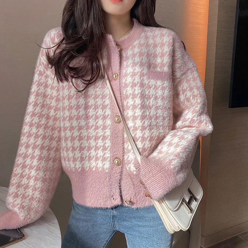 GIDYQ Plaid Knitted Cardigan Women Sweet Single Breasted Pearl Button Imitation Mink Student Short Sweater Fashion Casual Coat