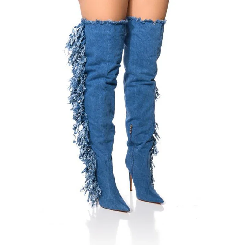 

Sexy Frazzle Tassel Blue Denim Over Knee Boots Pointed Toe High Heels Vintage Fringe Jeans Boots Zipper Woman Thigh Boots