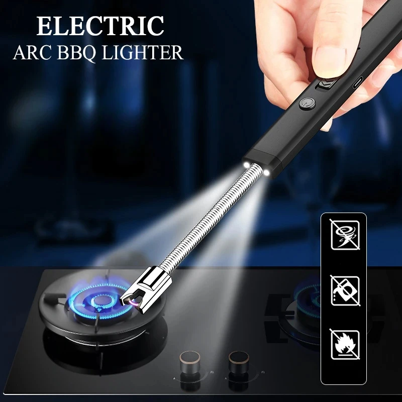 Metal Long Hose Type-C Rechargeable Windproof Arc Electric Lighter Pulse Ignition with LED Light Kitchen Gas Stove Igniter