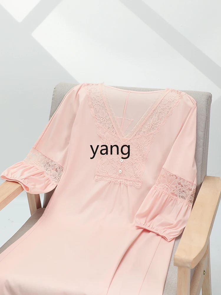 LMM spring and autumn pure cotton loose and comfortable loungewear women's sweet lace V-neck nightdress