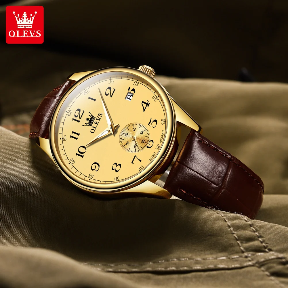 OLEVS 3622 Number Scale Quartz Watch For Men Leather Strap Original Waterproof Luminous Calendar Top Brand Fashion Man Watch