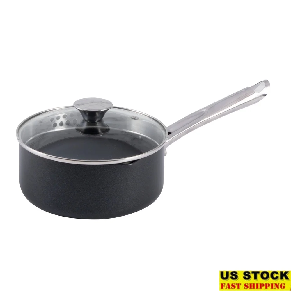 

Durable Non-Stick 3 Quart Saucepan with Straining Lid and Pouring Spouts Oven Safe Dishwasher Friendly Cookware Induction