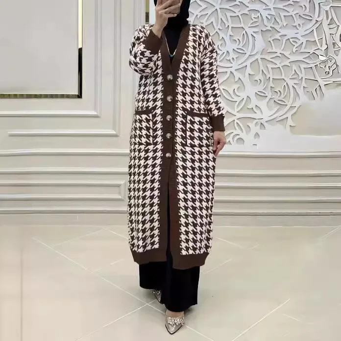 Donne musulmane cappotti lavorati a maglia giacca maglione Abaya Plaid Print tasche Ramadan maglioni modesti marocco Dubai Cardigan lungo Casual