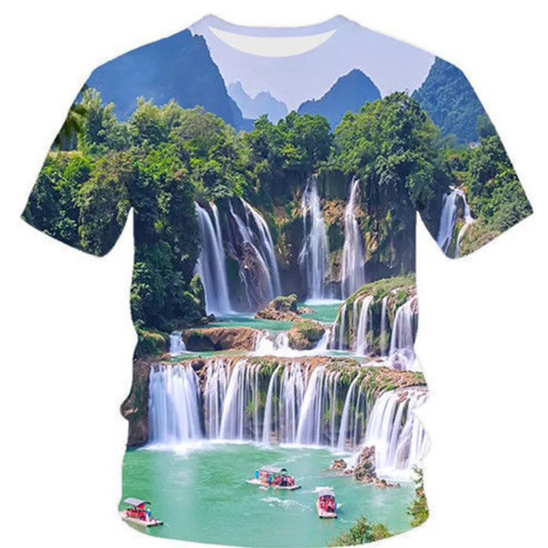 Summer Men New Natural Scenery Waterfall 3D Printed T-shirts Unisex Fashion Casual Round Neck Short Sleeve oversized t shirt Top
