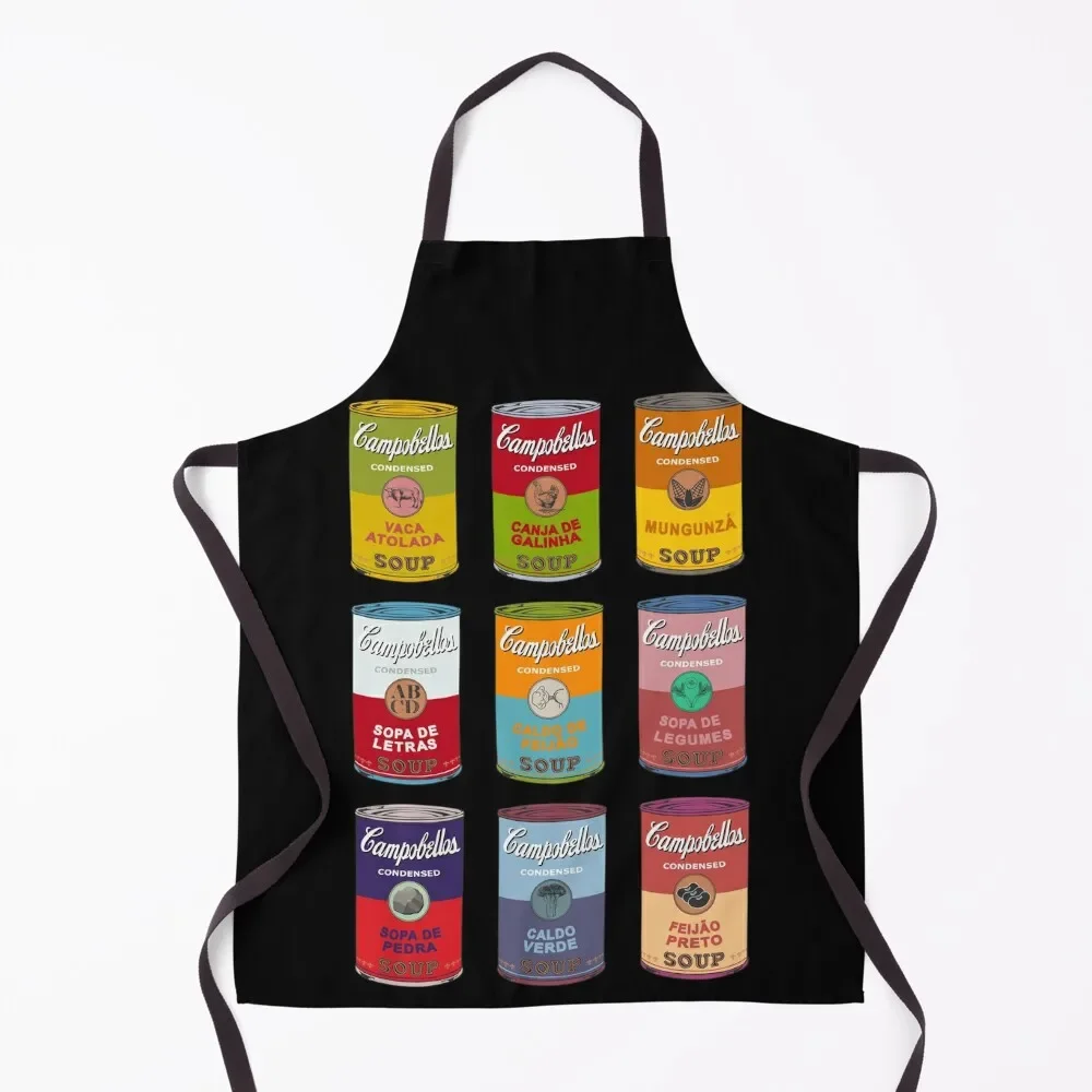 Brazilian Andy Warhol soups - Campobellos popart (on black) Apron kitchen girl Home Utensils Art with pockets Apron