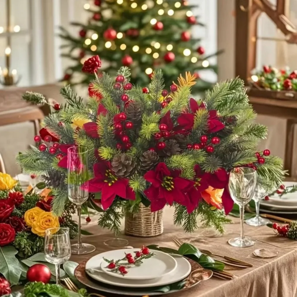 Artificial Poinsettia Flowers Christmas Floral Poinsettia Pine Cones Red Berry Stem for Xmas Tree DIY 2026 New Year Party Decor