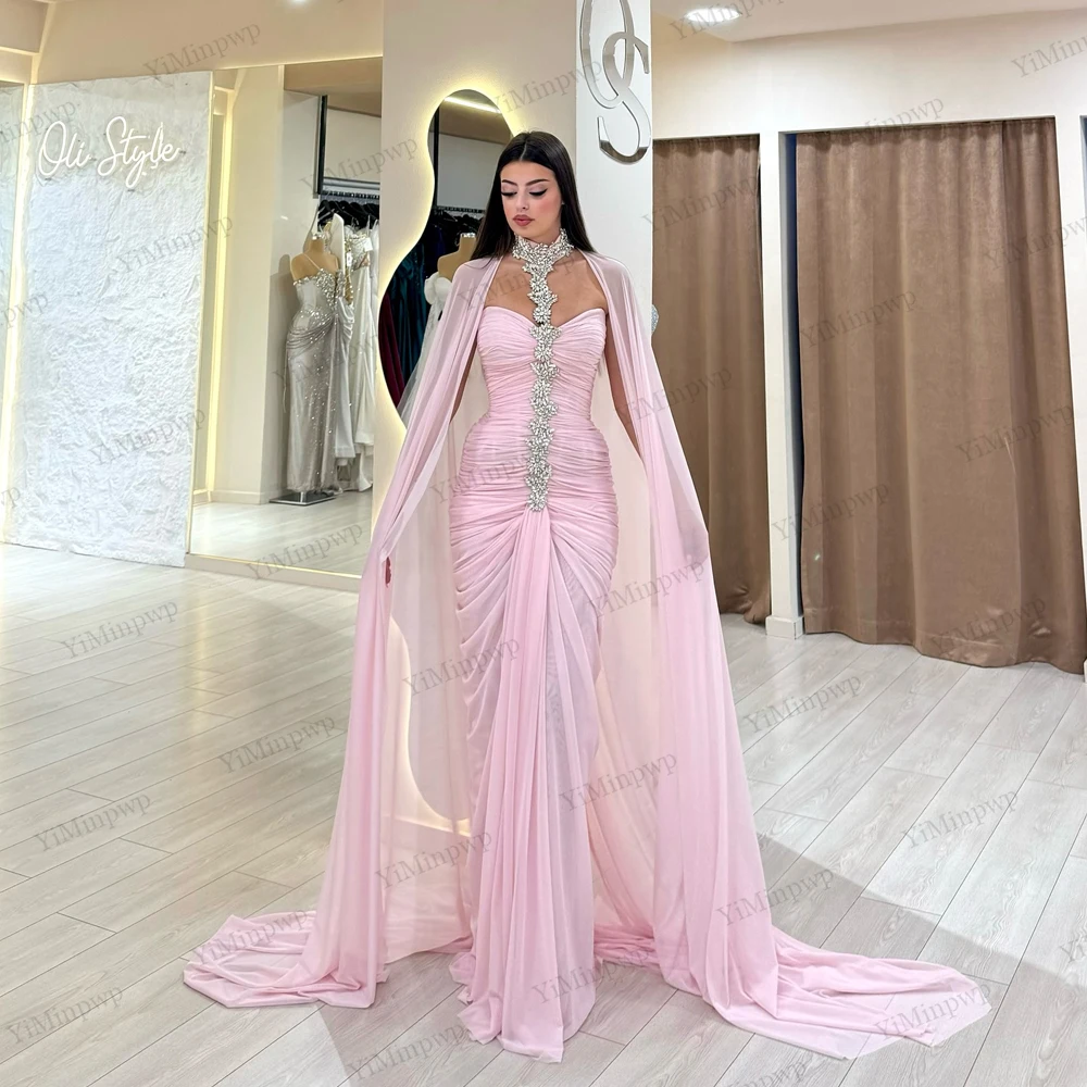 

Luxurious Party Dress With Cape Crystals Pleat Halter Neck Mermaid Evening Dress Customized اتين سهرات 2025 فخمة