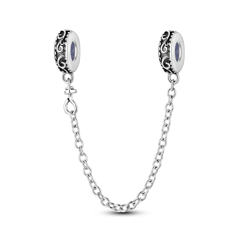 New 925 Sterling Silver Scroll Pattern Rubber Plug Safety Chain Charms Bead Fit Original Bracelet DIY Women Birthday Jewelry Gif