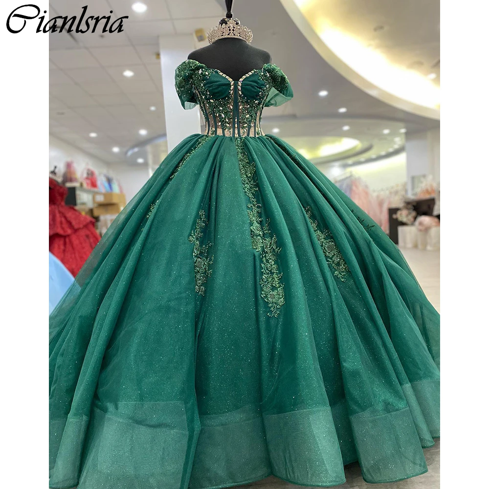 

Emerald Green Beading Crystal Appliques Lace Ball Gown Quinceanera Dresses Off The Shoulder Illusion Corset Vestidos De 15 Años