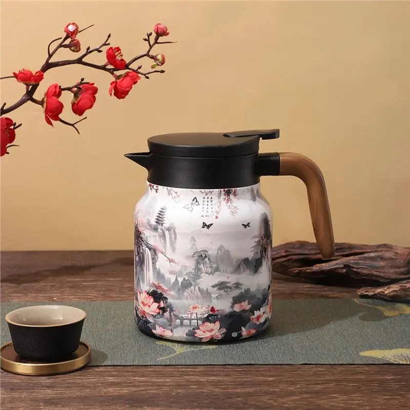 A74E-Thermal Insulation Teapot Stainless Steel Kettle 1000Ml Vintage Floral Tea With Built-In Infuser Tea Separator For Hot Drin