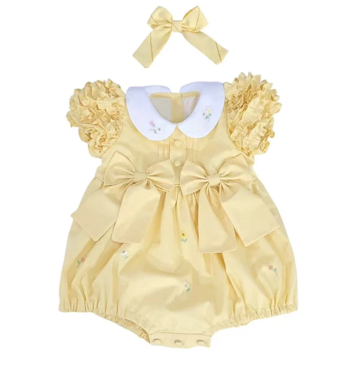 Baby Girl Summer 2Pcs Set Yellow Floral Embroidery Romper for Casual Birthday Party Photography B690