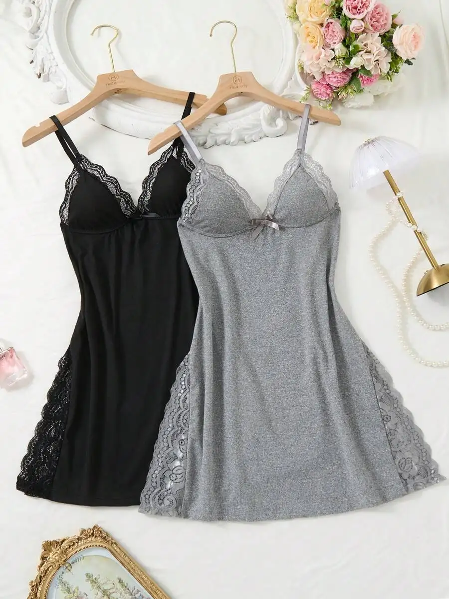 

2-Pack Lace Trim Camisole Nightgown with Bow Detail and Side Slit