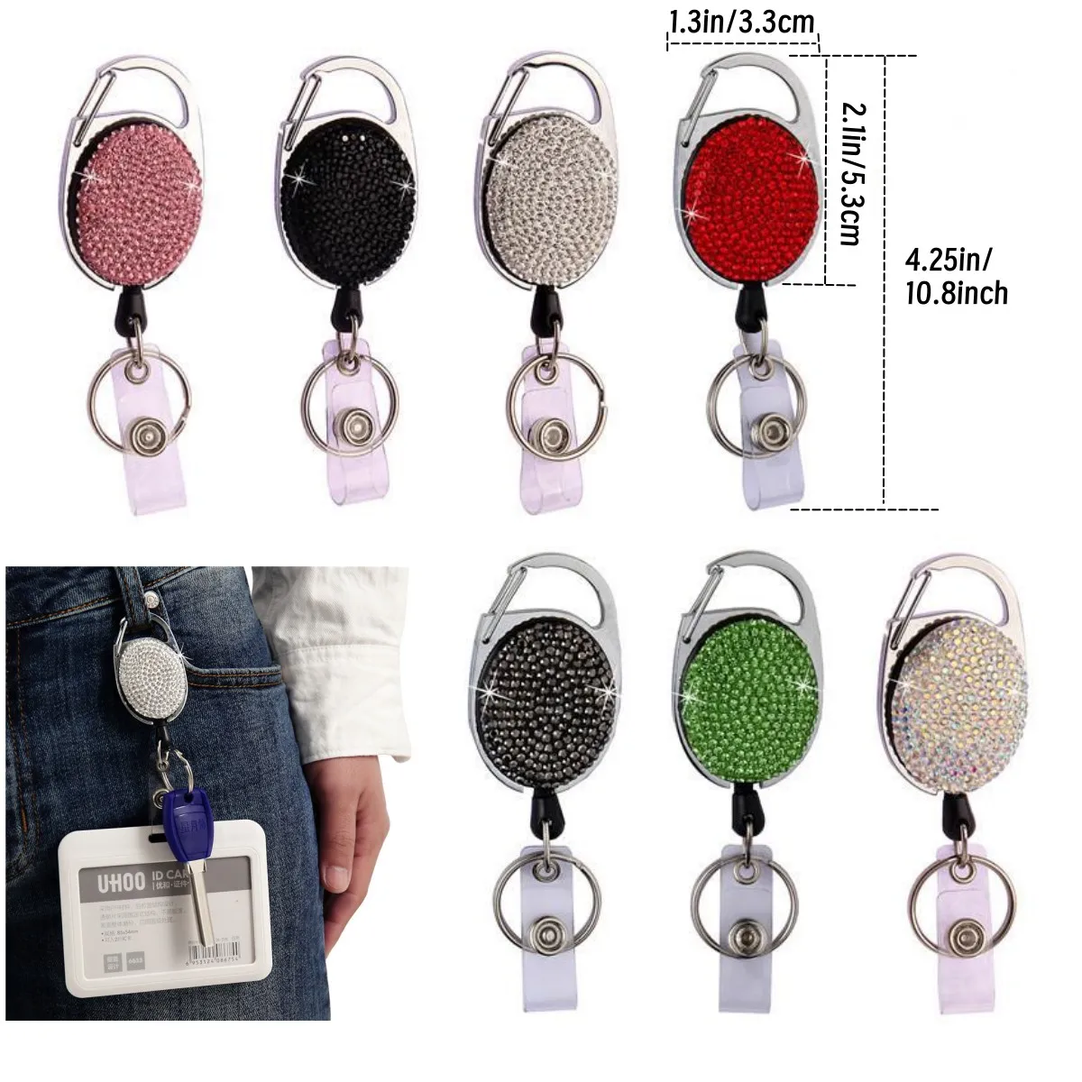 1/2pcs Sparkle Retractable Crystal ID Name BadgeHolderBling Work Card Badge Reel,Fashion  Rhinestone Badge Car Bag Keychain