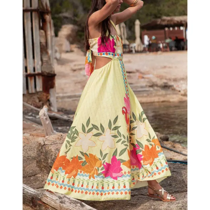 Combhasaki Vrouwen Boho Mouwloze Vierkante Hals Backless Grote Strik Gebonden Uitgeholde Bloemenprint Zomer Uitsparing A-lijn Tank Lange Jurk