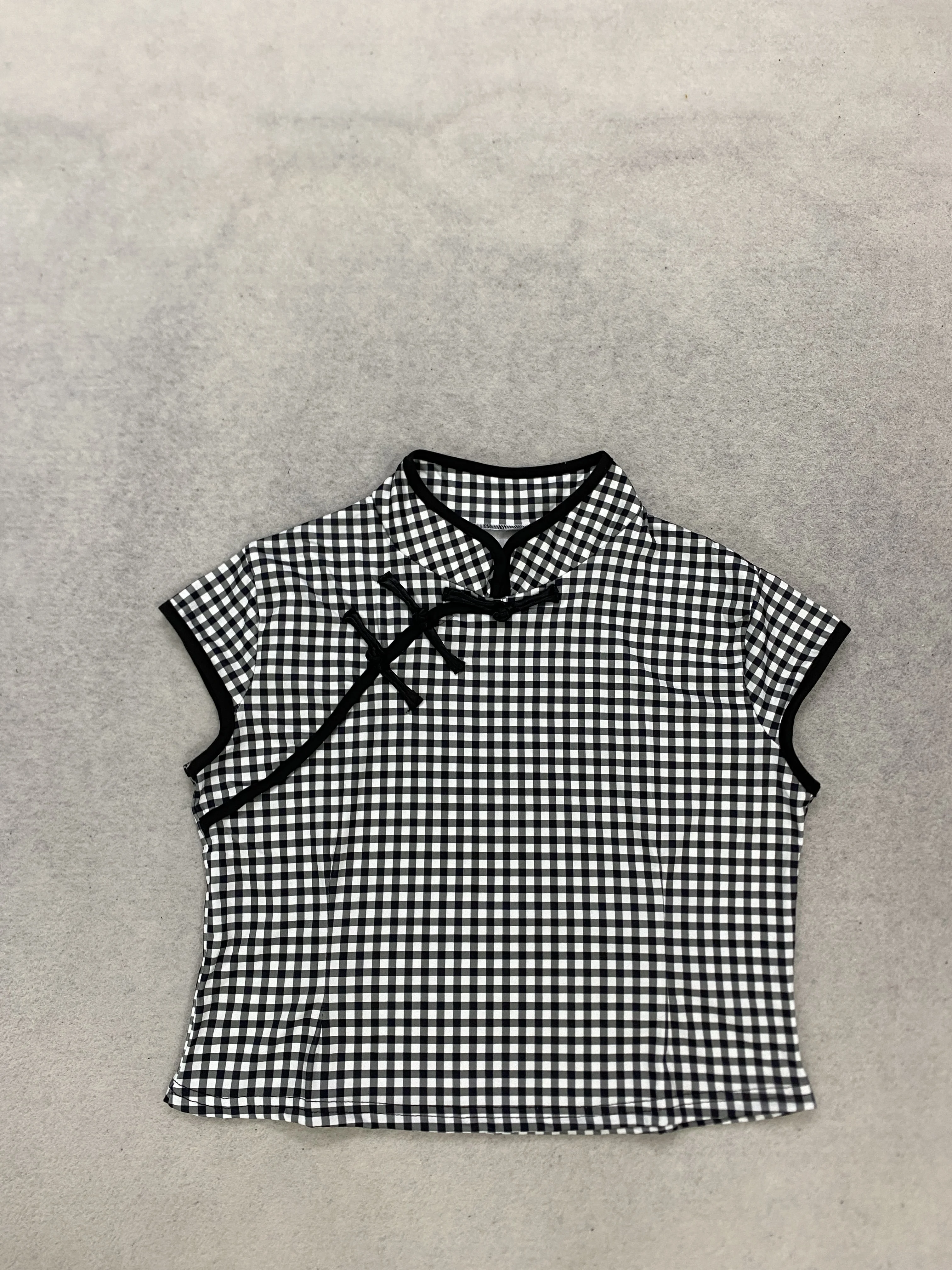 Oriental Girl Gingham Oblique Front Frog Button Crop Top Slim Stand Collar Short Sleeve Shirt