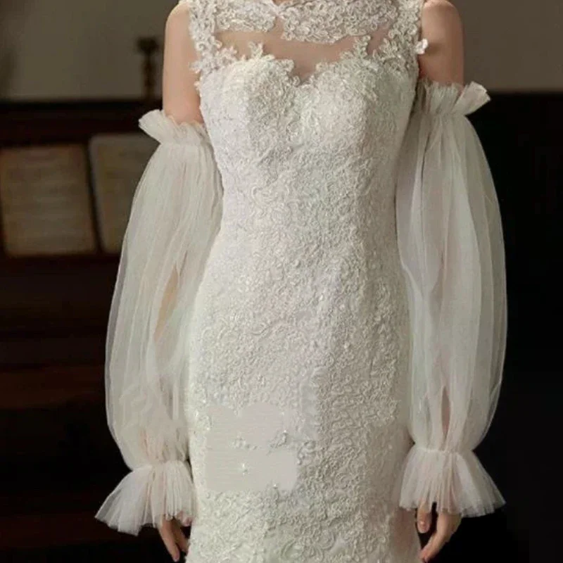 أزياء لينة الشاش الأكمام الزفاف الأكمام القابلة للإزالة فانوس على شكل قفازات طويلة فستان الزفاف اكسسوارات بوهو شيك #2