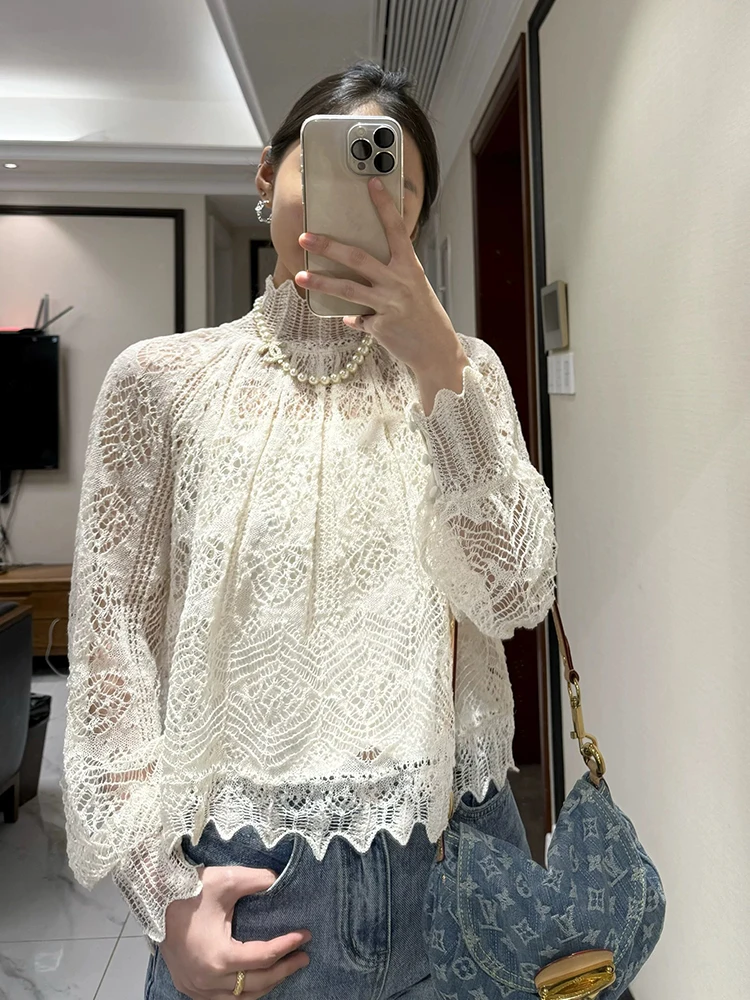 Início da primavera feminino temperamento oco gancho camisa de renda manga longa halter camisola de duas peças topo 2025 novo modelo