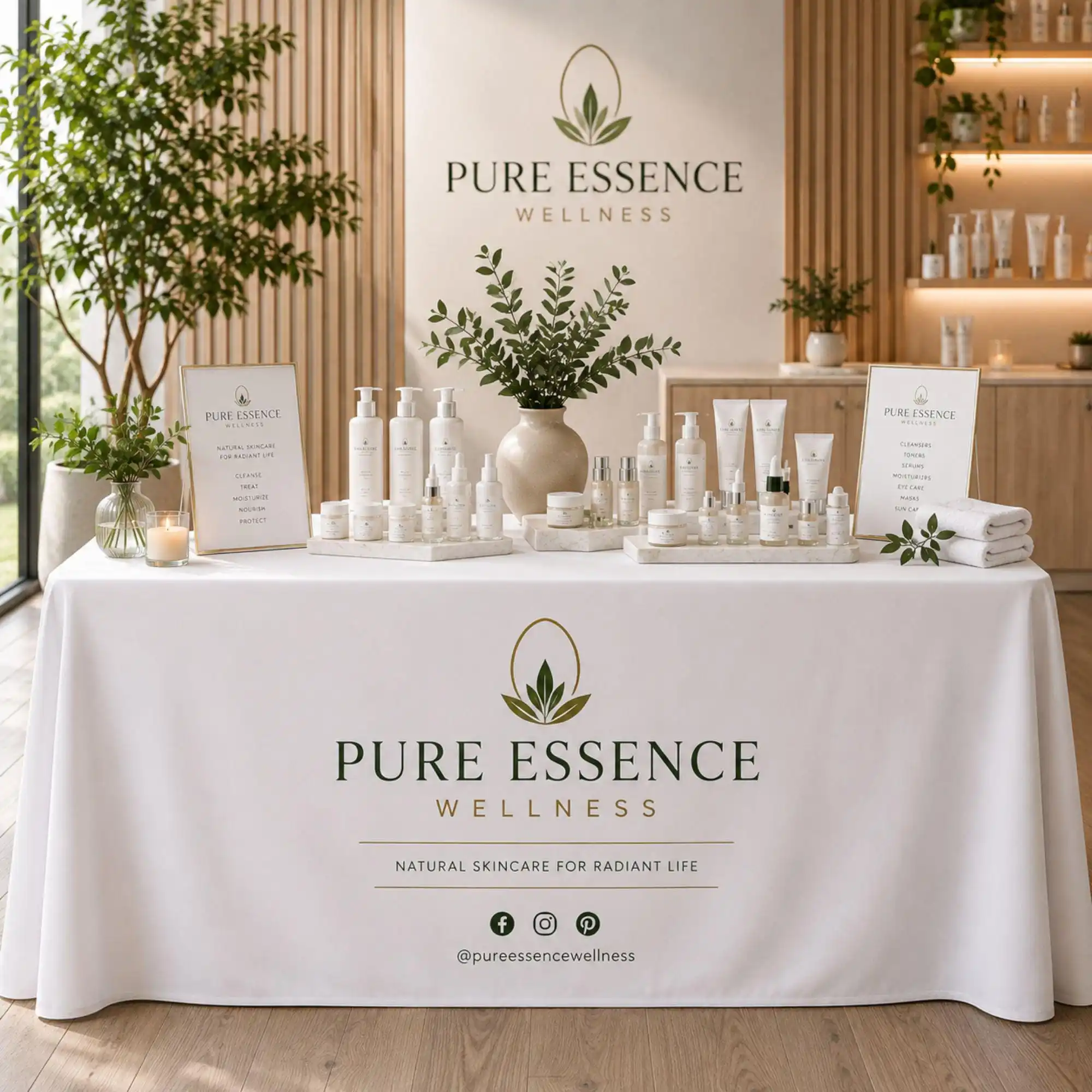 Custom Tablecloth with Logo, Personalized Wellness Beauty Table Cover for Skincare Events, Trade Shows  Vendor Displays