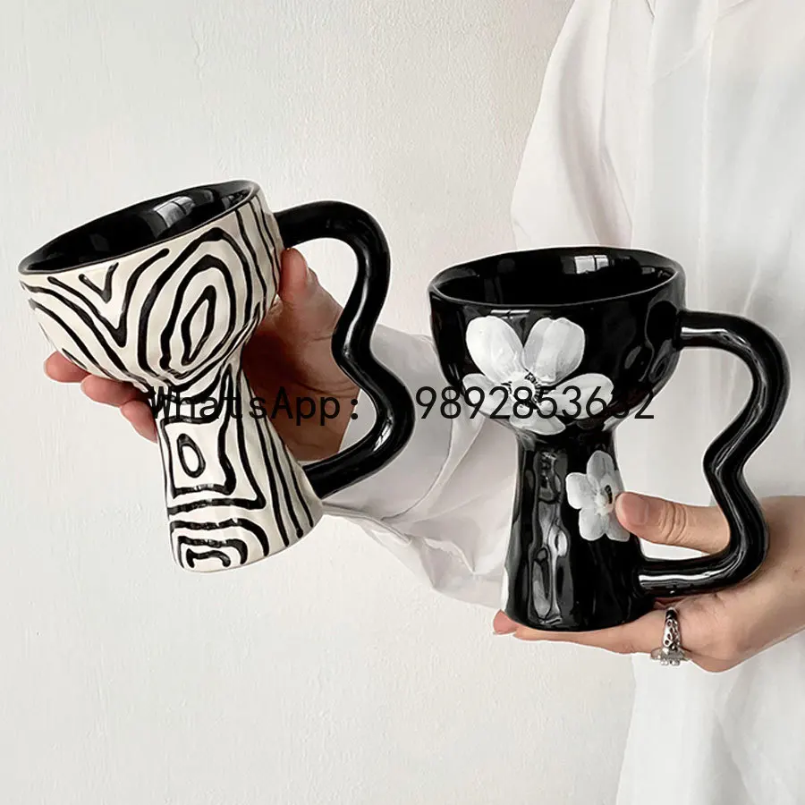 

5CJVintage Hand Pinched Irregular Mist Flower Ring Ceramic Tall Cup Creative Dessert Ice Cream Cup Exquisite Coffee