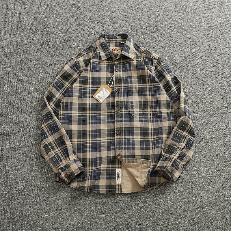 Heavy chunky cotton plaid long sleeve shirt men's classic lapel pocket color matching plaid casual shirt jacket