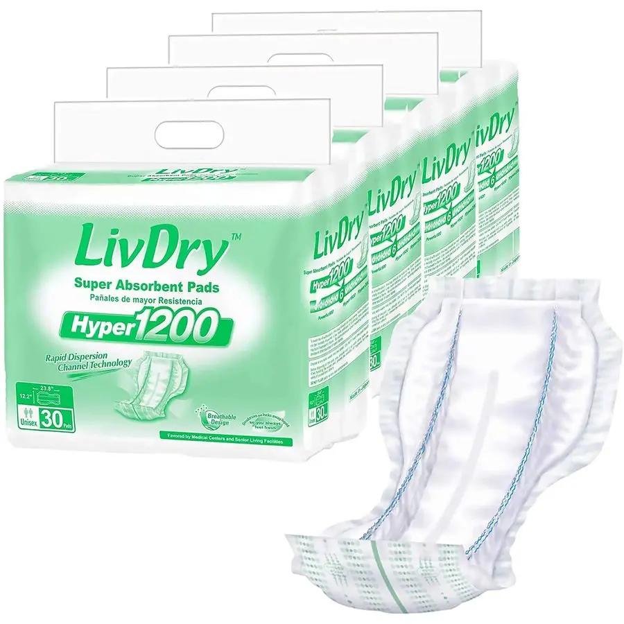 High Absorbency Pad Insert for Incontinence Briefs and Adult Diapers, Women and Men, Hyper 1200 120 Count