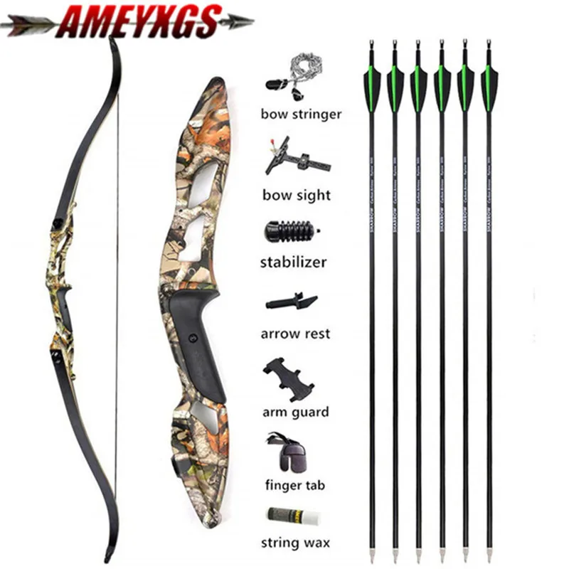 30-50lbs Archery Takedown Recurve Bow and Arrows Set 56 Inch Adult Right Hand Bow With 6pcs Carbon Arrows Hunting Accessories