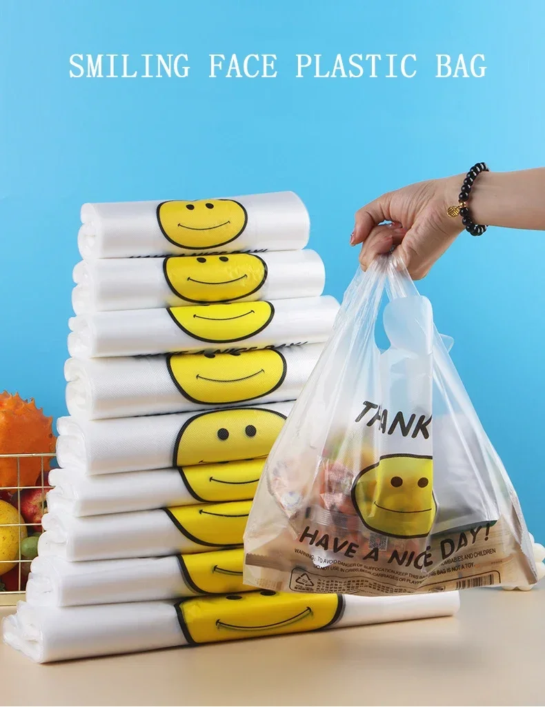 50 Pcs Plastic Bag 3 Sizes Food Storage Bags with Handle Supermarket Grocery Shopping Useful Shopping Bag Kitchen Storage Basket