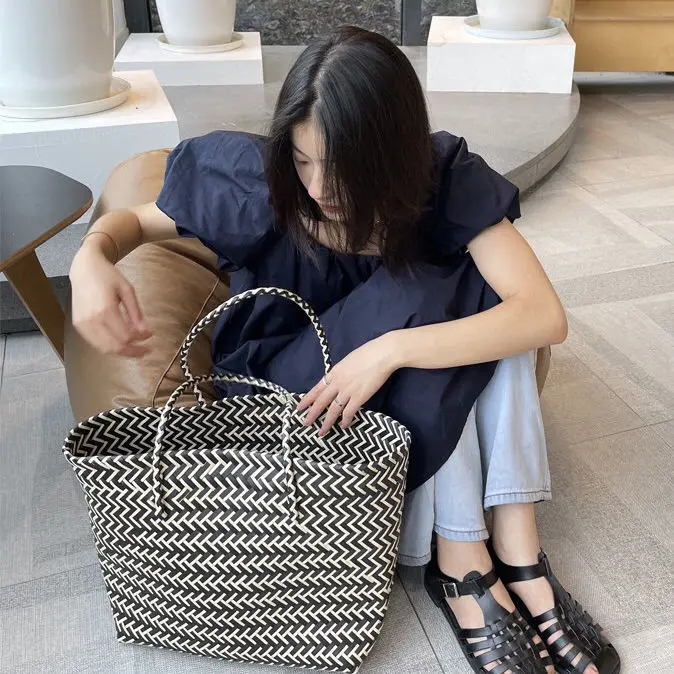 Large Capacity Beach Shopping Bags Woven Shoulder Bag Women Handmade Straw Handbags Summer Travel Bag